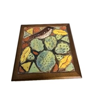 Vintage Ceramic Mosaic Tile Top Wooden Jewelry Trinket Box Birds Cactus READ